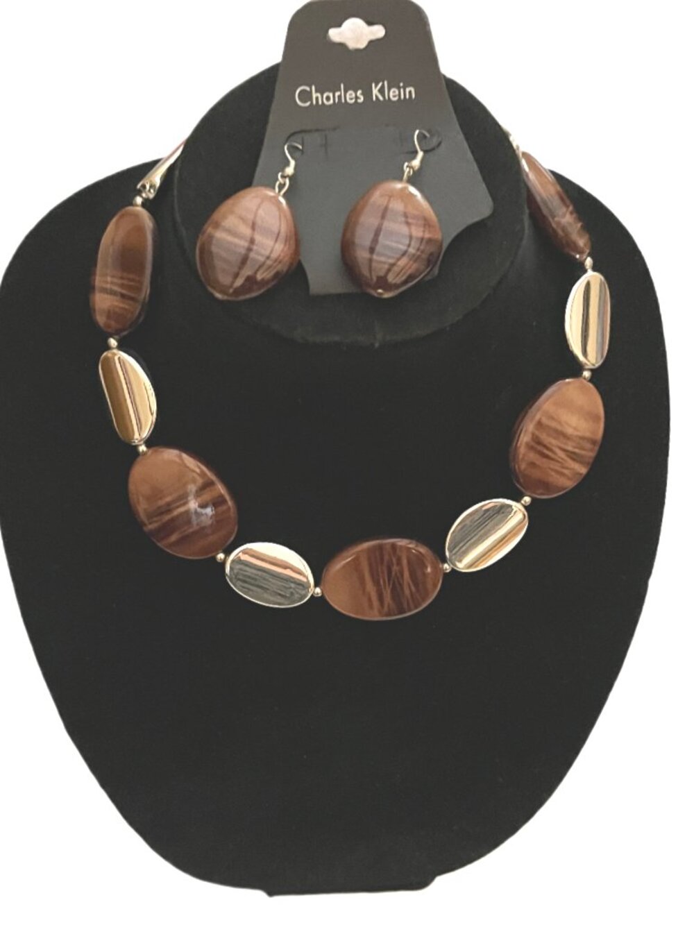Charles Klein Brown Marbled & Silver Tone Beaded Necklace & Earring Set NWT